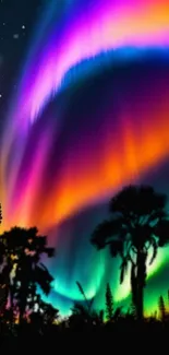 Vibrant aurora borealis over silhouetted forest, in vivid colors.