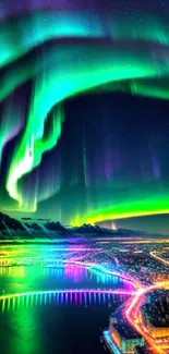 Vibrant aurora borealis illuminating cityscape at night, showcasing colorful lights.