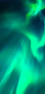 Vibrant emerald green aurora borealis against a starry night sky.