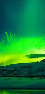 Vibrant green aurora borealis over snowy mountains and calm waters.