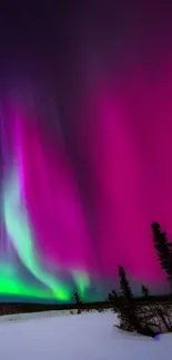 Vibrant aurora borealis with pink and green lights in the night sky.