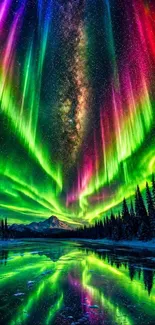 Vibrant aurora borealis above a lake reflecting cosmic colors in the sky.