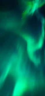 Vibrant green aurora borealis lights up the night sky.