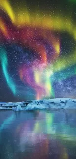 Aurora Borealis illuminating the night sky with vibrant colors over icy landscape.