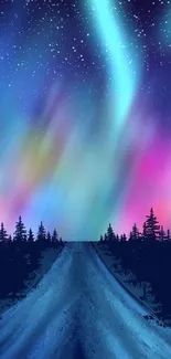 Aurora borealis over a forest path with vibrant blue and pink hues.