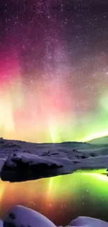 Colorful Aurora Borealis lights over icy water reflection.