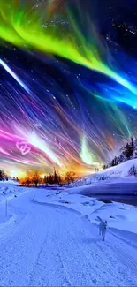 Aurora borealis over a snowy landscape under a colorful sky.