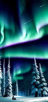 Vibrant aurora borealis over snowy trees at night.