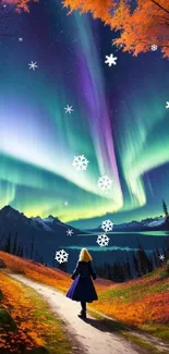 Woman under vibrant aurora in a fantasy landscape.