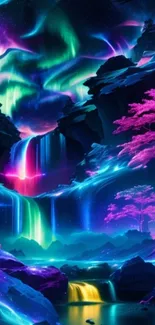 Vibrant aurora with colorful waterfalls and mystic trees in fantasy wallpaper.