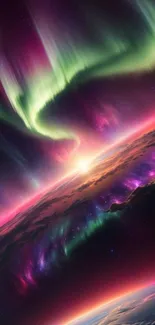 Vibrant auroras over horizon with cosmic colors and striking scenery.