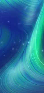 Abstract blue and green aurora-inspired mobile wallpaper.