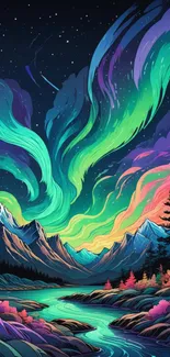 Colorful northern lights over mountains in fantasy art style.