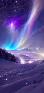 Vibrant aurora lights fill the night sky over a snowy landscape.