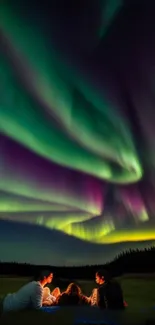 Vibrant Northern Lights illuminate the night sky with green and purple hues.