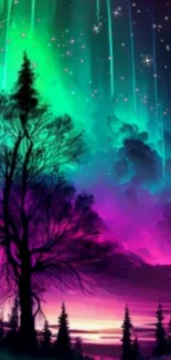 Vibrant aurora night sky with tree silhouettes and starry backdrop.