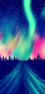 Vibrant aurora borealis over a starry night sky with a scenic road view.