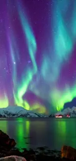 Stunning aurora borealis over mountains and water with a starry sky.