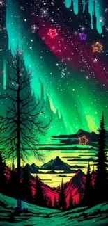 Vibrant aurora borealis over a mystical forest with stars and mountains.