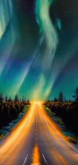 Aurora Borealis over a luminous road in the forest at night.