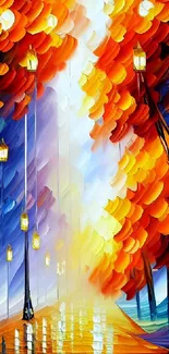 Vibrant abstract art wallpaper with autumn colors and streetlights.