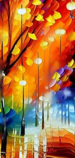 Colorful abstract autumn art with orange and blue hues.