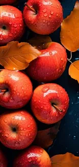 Vibrant red apples with orange leaves on a dark background.