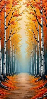 Autumn birch forest path with vibrant leaves.