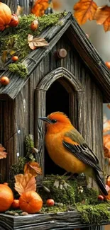 Autumn birdhouse with vibrant orange bird.