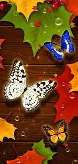 Colorful autumn leaves and butterflies on a rich brown background.