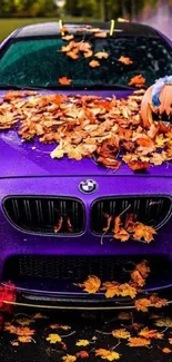 A purple car covered with autumn leaves and smoke effects.