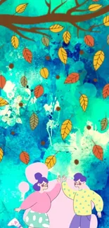 Cartoon couple under an autumn tree with colorful teal background.