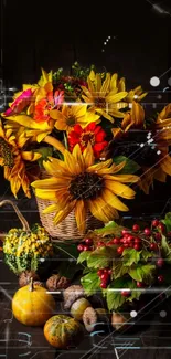 Autumn bouquet with sunflowers, pumpkins, and digital overlay.