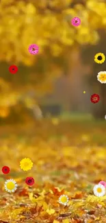 Vibrant mobile wallpaper with floating colorful flowers over an autumn landscape.