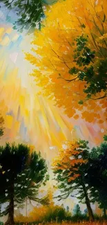 Vibrant autumn forest artwork with colorful trees.