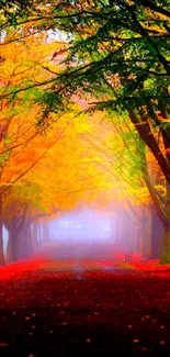 Vibrant autumn forest path with golden leaves and trees.