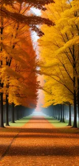 Vibrant autumn forest path with orange and yellow foliage.