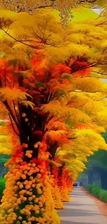 Vibrant forest path with golden trees and lush greenery.