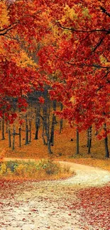 A vibrant autumn path surrounded by red and orange foliage in a forest.