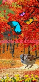 Colorful autumn forest with butterflies and a bird.