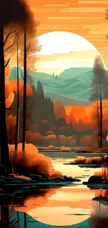 Vibrant autumn forest with sunset and orange hues reflecting on water.