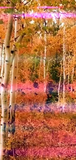 Autumn birch forest with neon pink accents.