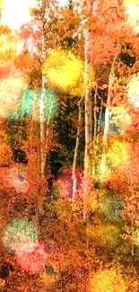 Vibrant autumn forest with bokeh lighting effects and orange foliage.