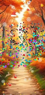 Colorful confetti in an autumn forest path.