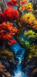 Vibrant autumn forest with colorful trees and a waterfall.