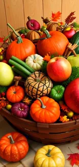 Basket of vibrant pumpkins, apples, and fall leaves for a festive autumn display.