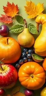 Vibrant display of autumn fruits and leaves arranged stylishly.