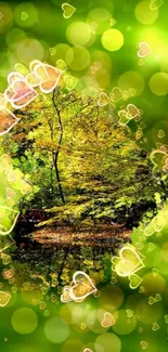 Green nature wallpaper with heart motifs and autumn trees in the center.