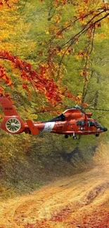 Red helicopter flying over vibrant autumn foliage.