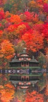 Scenic autumn lake with vibrant foliage and cabin reflection.